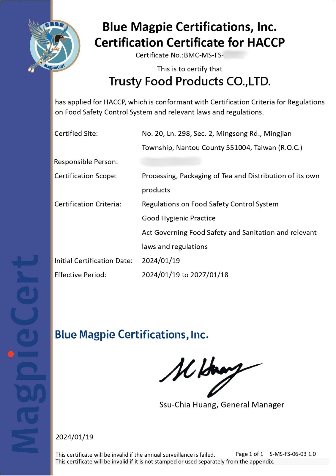 HACCP Food Safety Management certificate